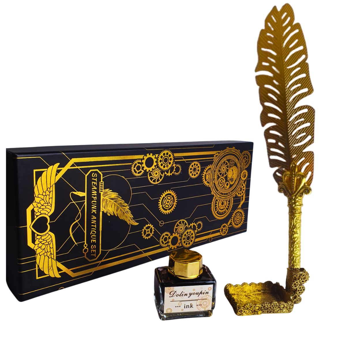 Kit Caneta Tinteiro Pena Dourado Com Tinta E Suporte - M5 Kit Caneta Tinteiro Pena Dourado Com Tinta E Suporte - M5